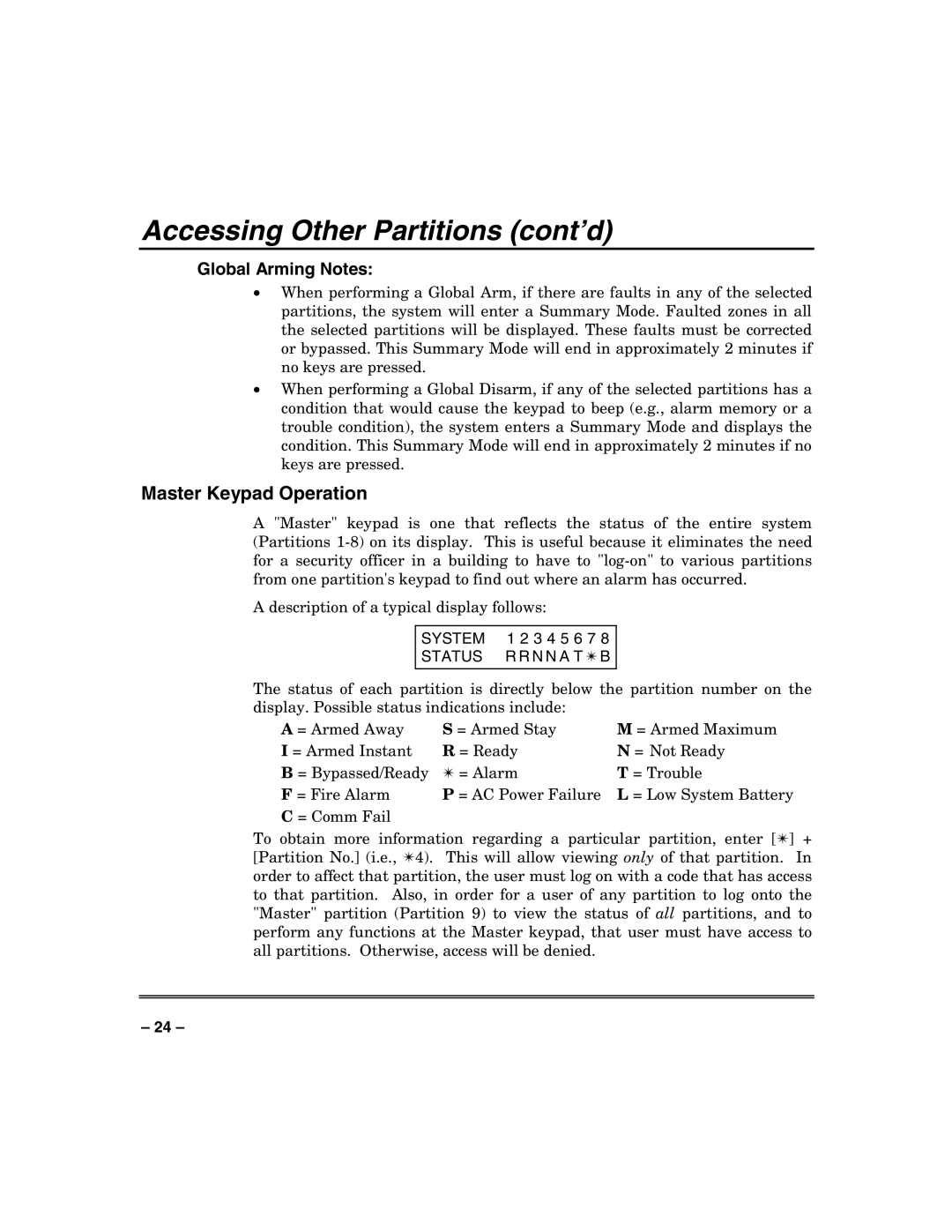 Honeywell VISTA-250FBP, VISTA-128FBP manual Accessing Other Partitions cont’d, System, Status 