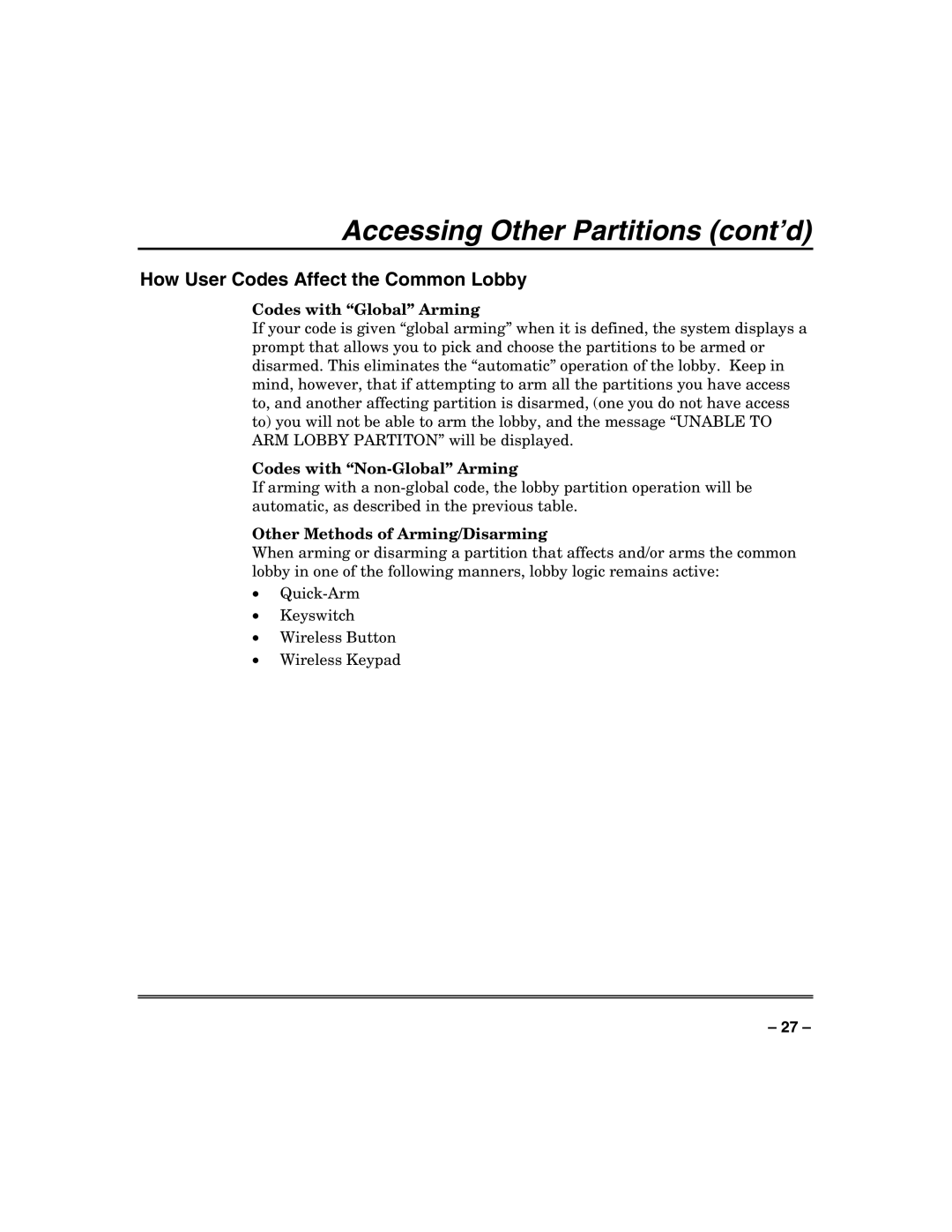 Honeywell VISTA-128FBP How User Codes Affect the Common Lobby, Codes with Global Arming, Codes with Non-Global Arming 