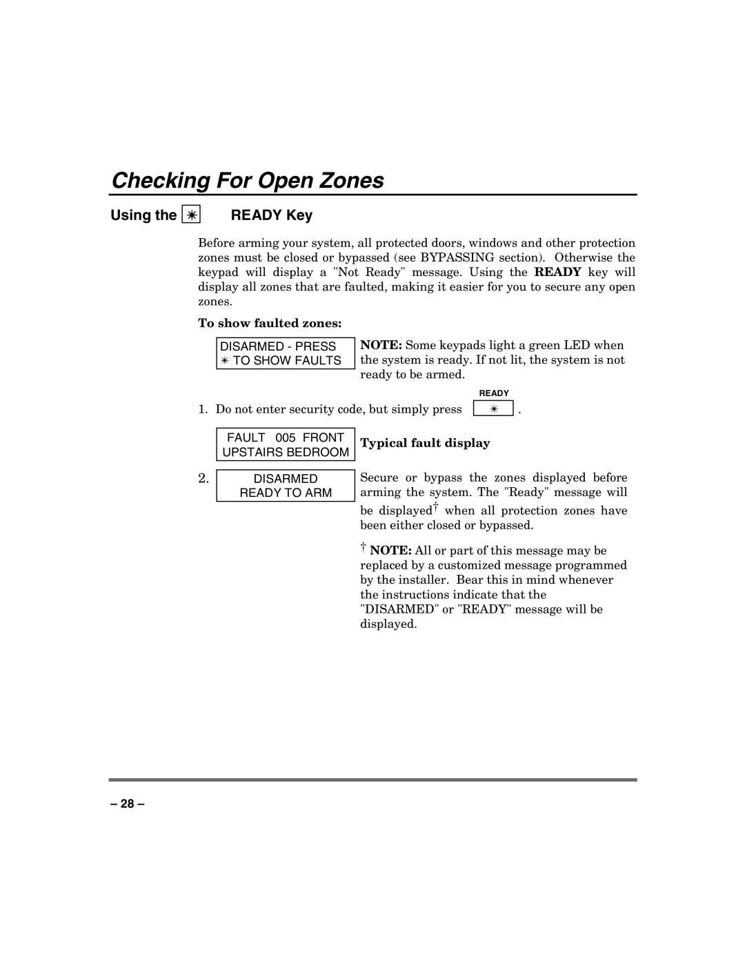 Honeywell VISTA-250FBP manual Checking For Open Zones, Using Ready Key, To show faulted zones, Typical fault display 