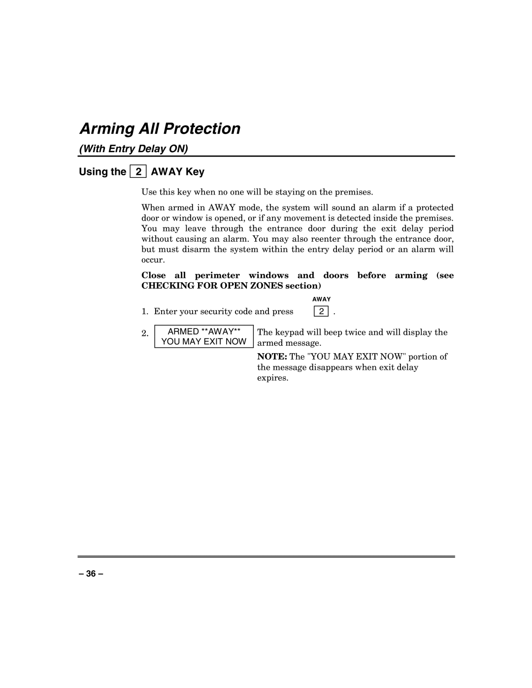 Honeywell VISTA-250FBP, VISTA-128FBP manual Arming All Protection, Using the 2 Away Key, Armed **AWAY YOU MAY Exit NOW 