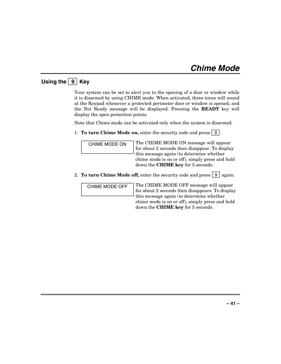 Honeywell VISTA-128FBP, VISTA-250FBP manual Using Key, Chime Mode on, Chime Mode OFF 