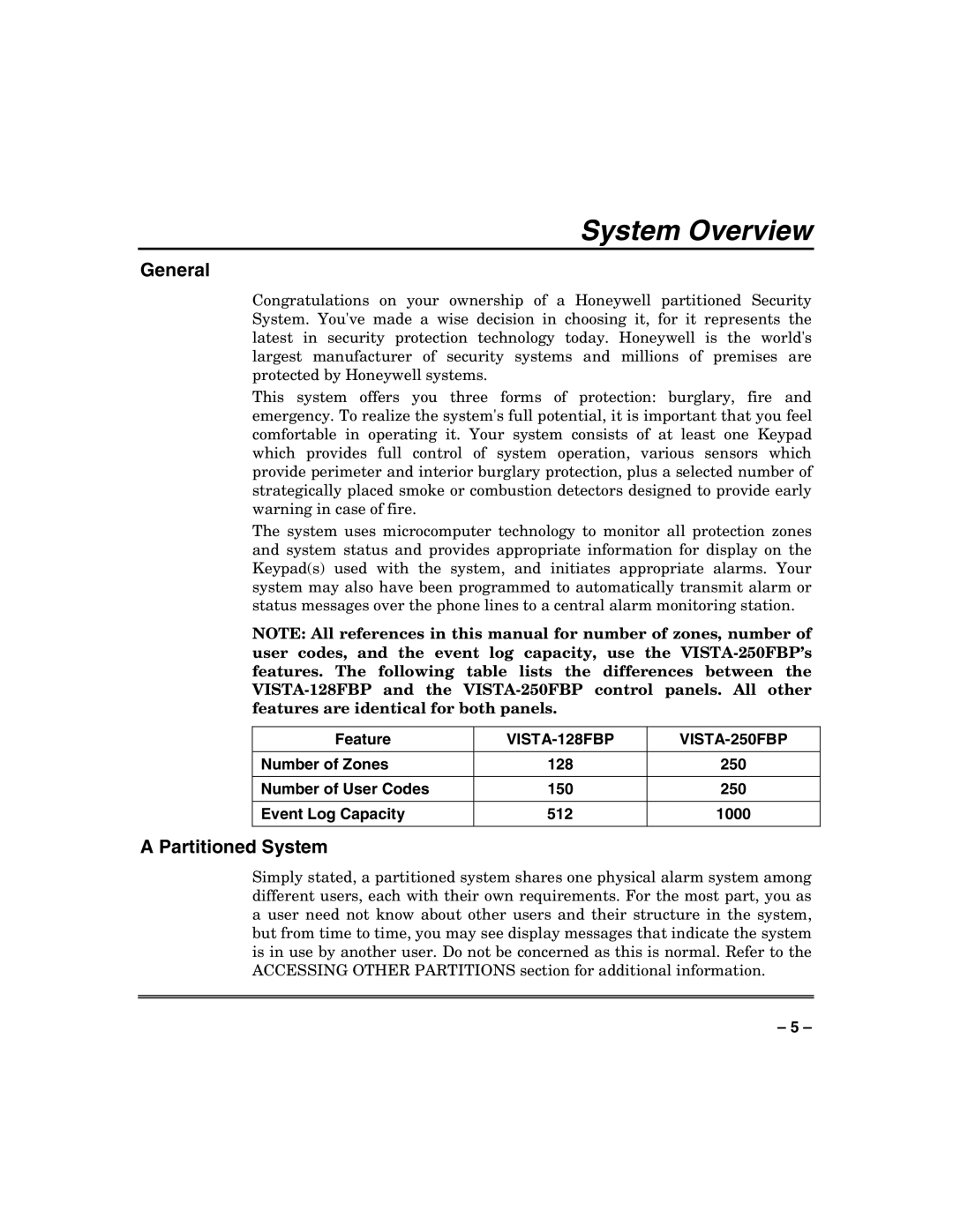 Honeywell VISTA-128FBP, VISTA-250FBP manual System Overview, General, Partitioned System 