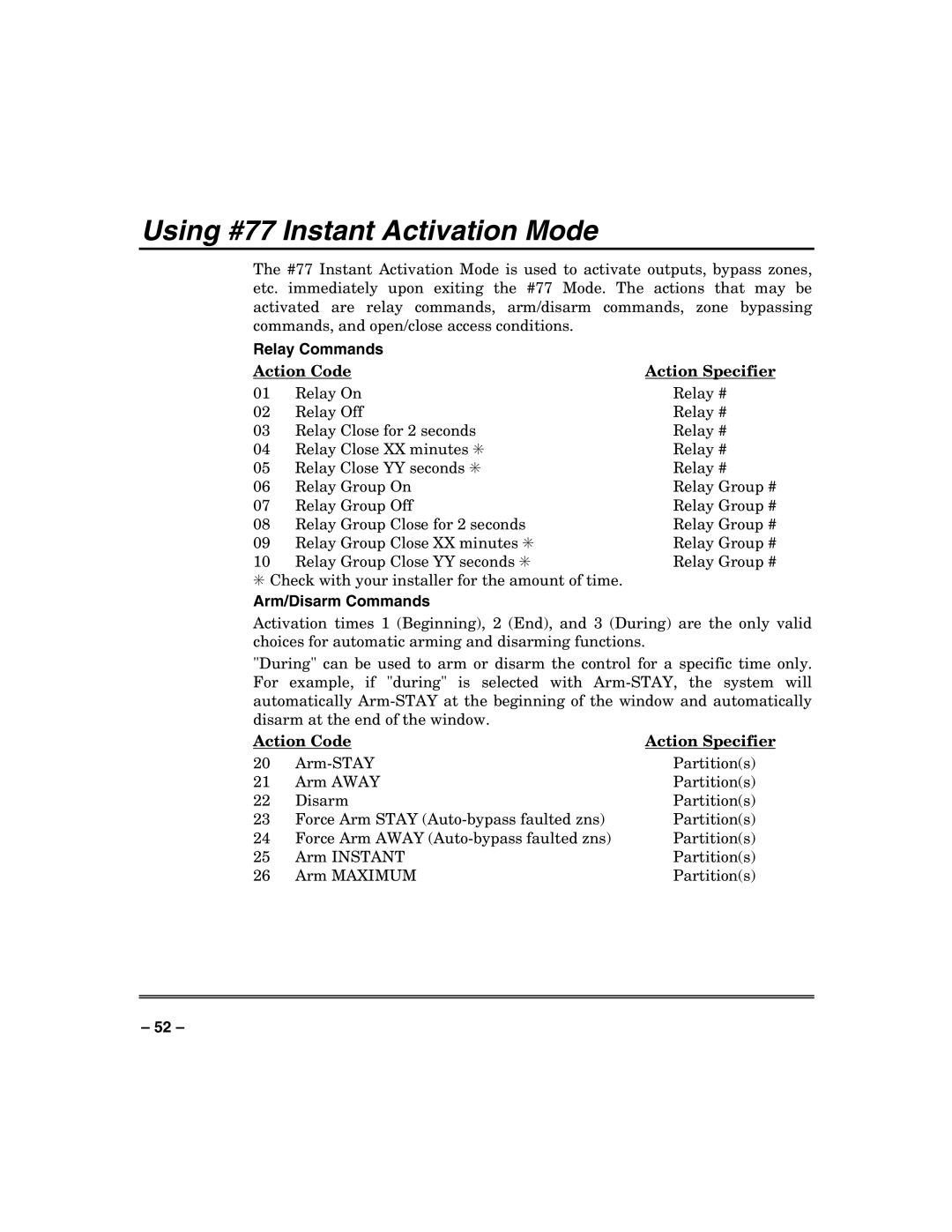 Honeywell VISTA-250FBP, VISTA-128FBP manual Using #77 Instant Activation Mode, Action Code Action Specifier 