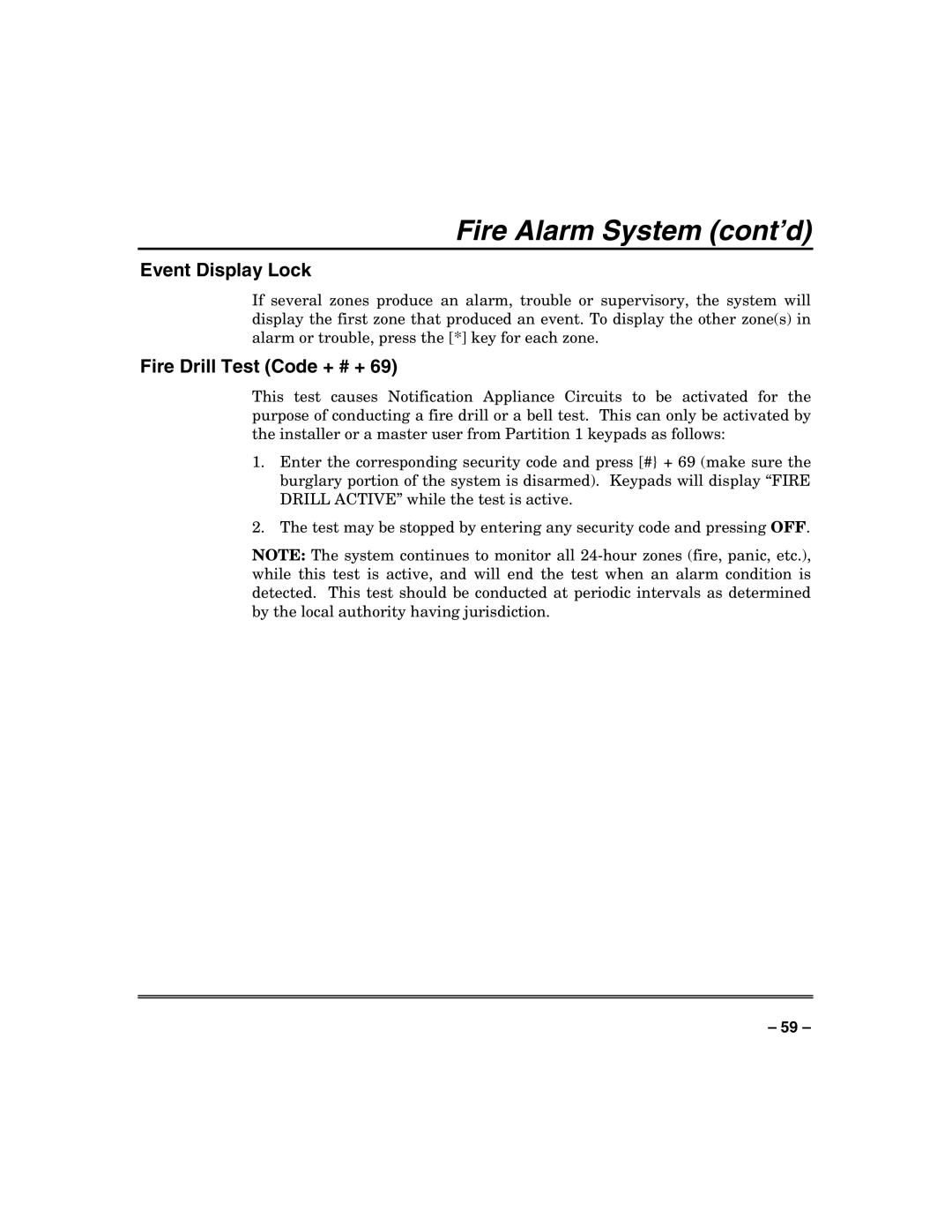 Honeywell VISTA-128FBP, VISTA-250FBP manual Fire Alarm System cont’d, Event Display Lock, Fire Drill Test Code + # + 