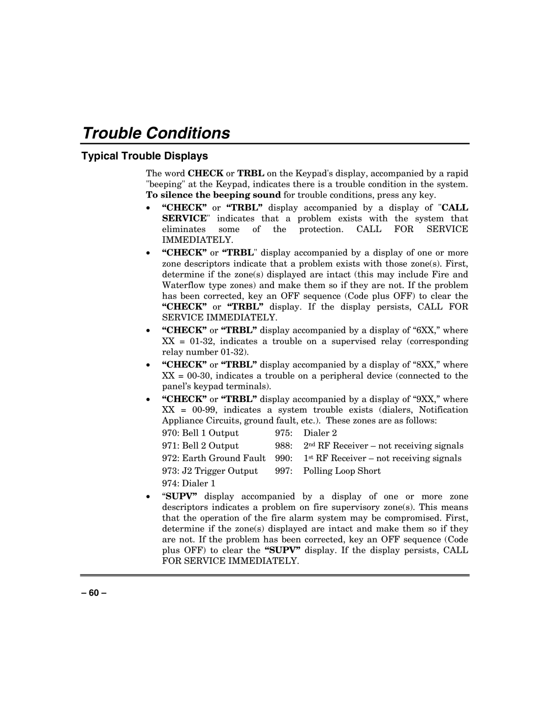 Honeywell VISTA-250FBP, VISTA-128FBP manual Trouble Conditions, Typical Trouble Displays 