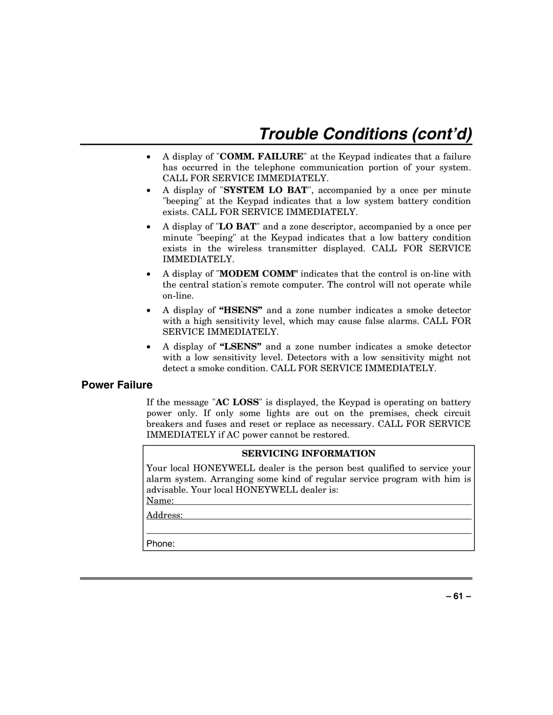 Honeywell VISTA-128FBP, VISTA-250FBP manual Trouble Conditions cont’d, Power Failure 