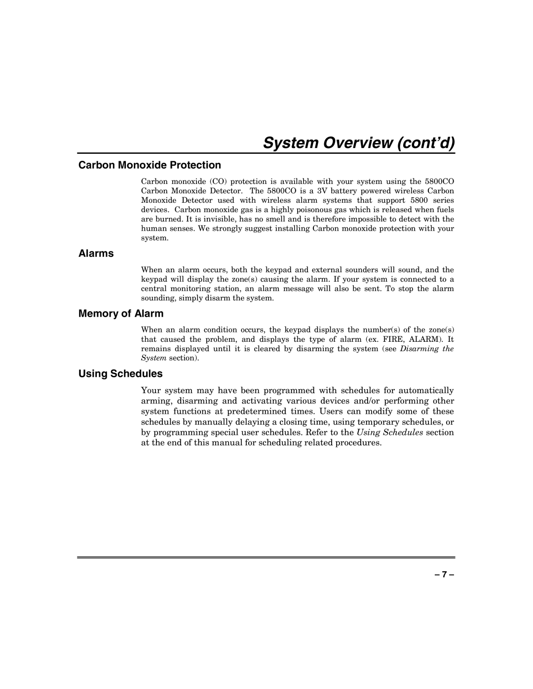 Honeywell VISTA-128FBP, VISTA-250FBP manual Carbon Monoxide Protection, Alarms, Memory of Alarm, Using Schedules 