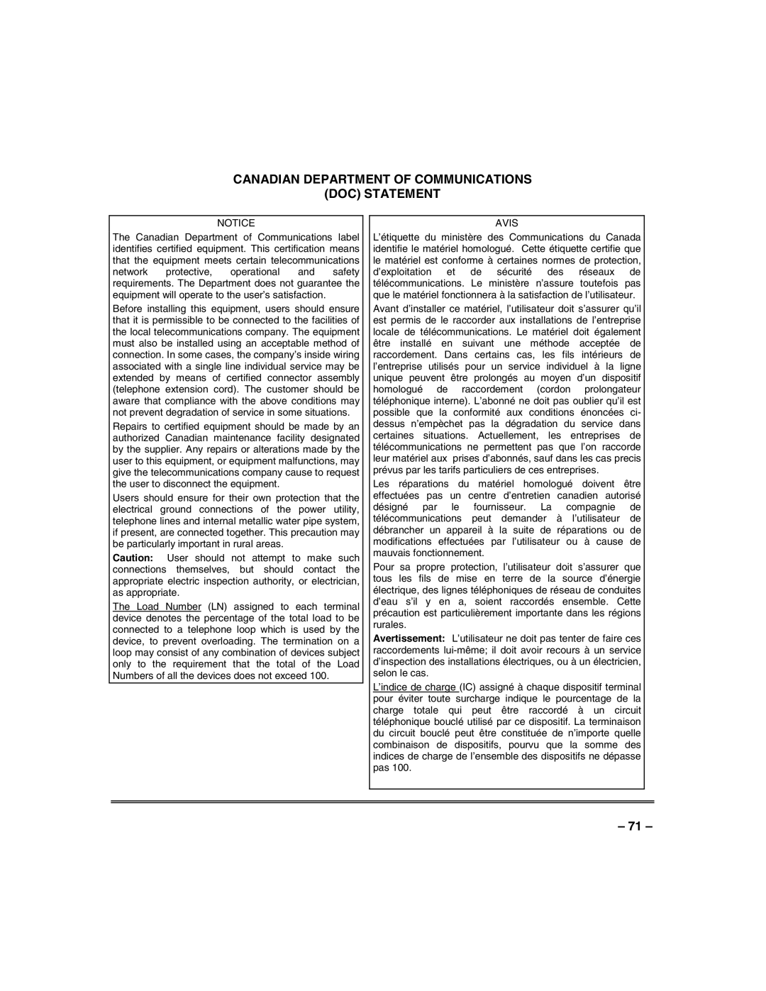 Honeywell VISTA-128FBP, VISTA-250FBP manual Canadian Department of Communications DOC Statement 