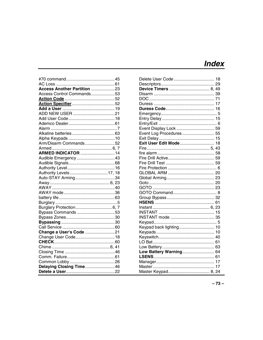 Honeywell VISTA-128FBP, VISTA-250FBP manual Index, Access Another Partition 