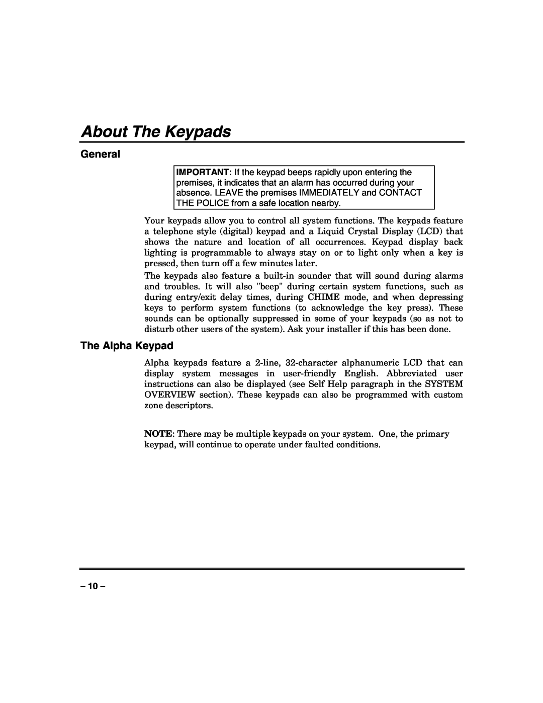 Honeywell VISTA-250FBP, VISTA-128FBP manual About The Keypads, The Alpha Keypad, General 