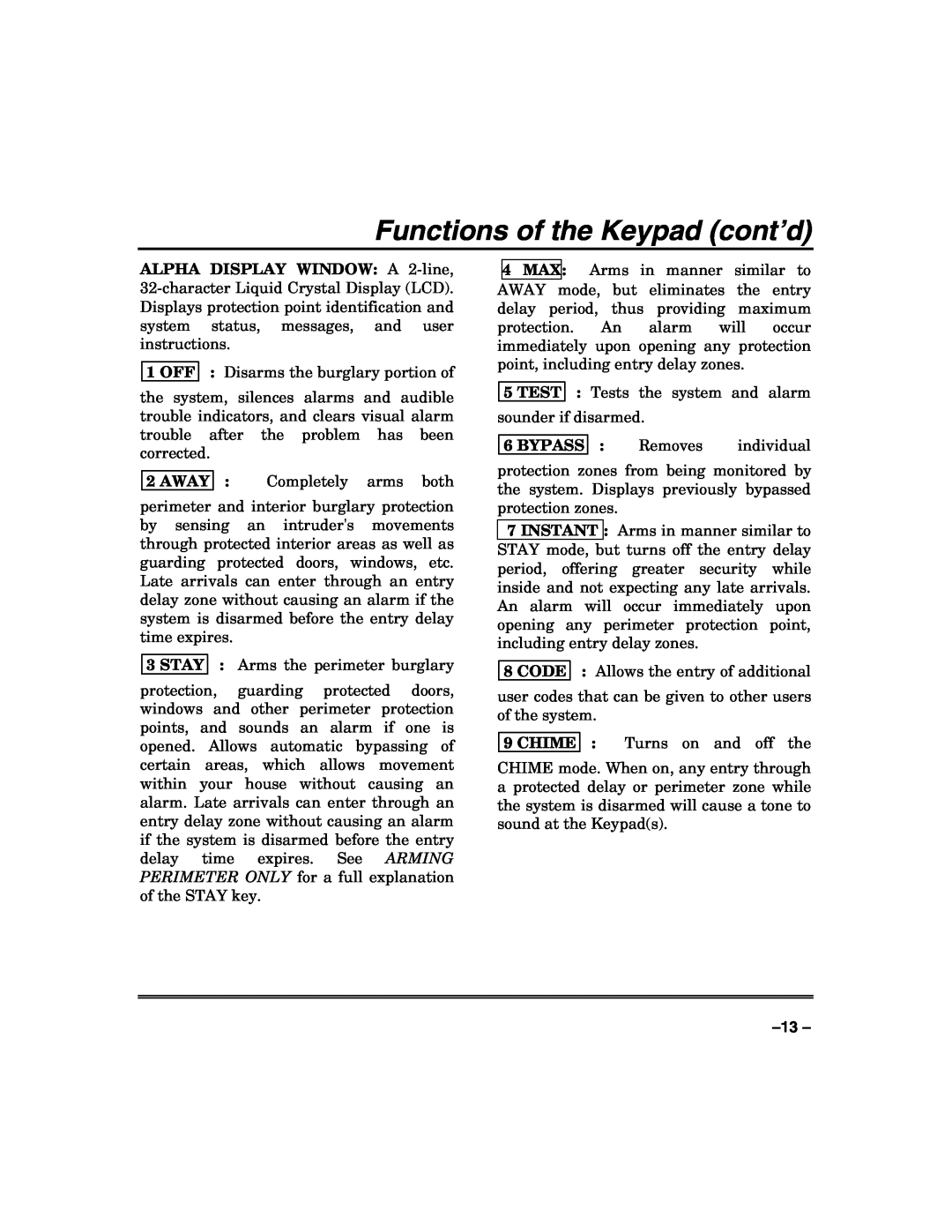 Honeywell VISTA-128FBP, VISTA-250FBP manual Functions of the Keypad cont’d, Test, Bypass 