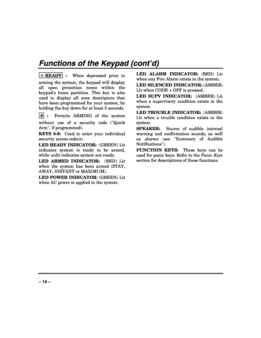 Honeywell VISTA-250FBP, VISTA-128FBP manual Functions of the Keypad cont’d 