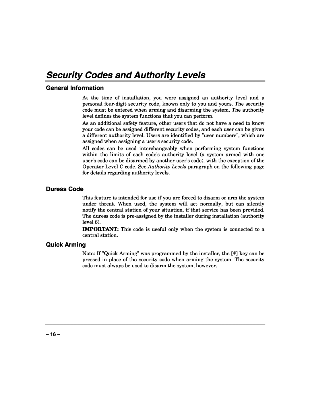 Honeywell VISTA-250FBP, VISTA-128FBP Security Codes and Authority Levels, Duress Code, Quick Arming, General Information 