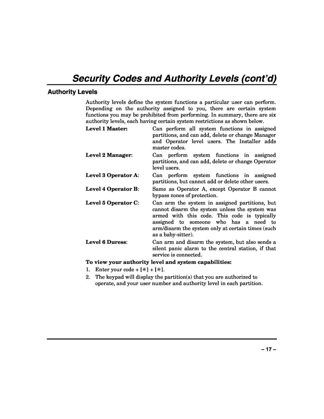 Honeywell VISTA-128FBP, VISTA-250FBP manual Security Codes and Authority Levels cont’d 
