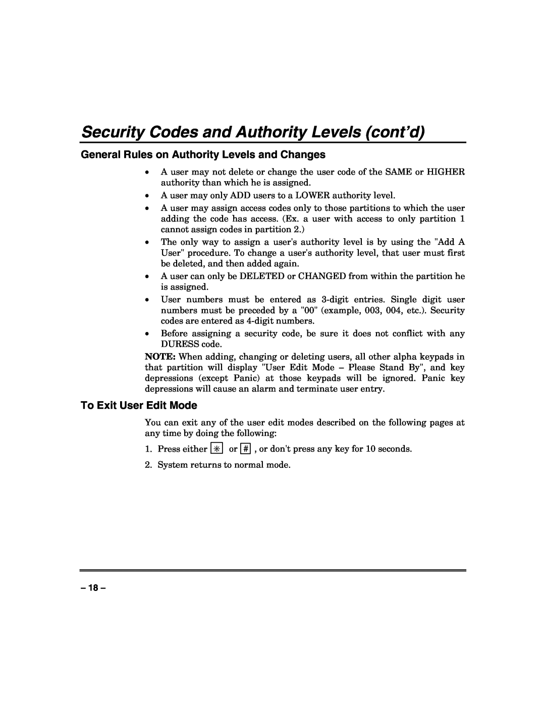 Honeywell VISTA-250FBP, VISTA-128FBP manual General Rules on Authority Levels and Changes, To Exit User Edit Mode 