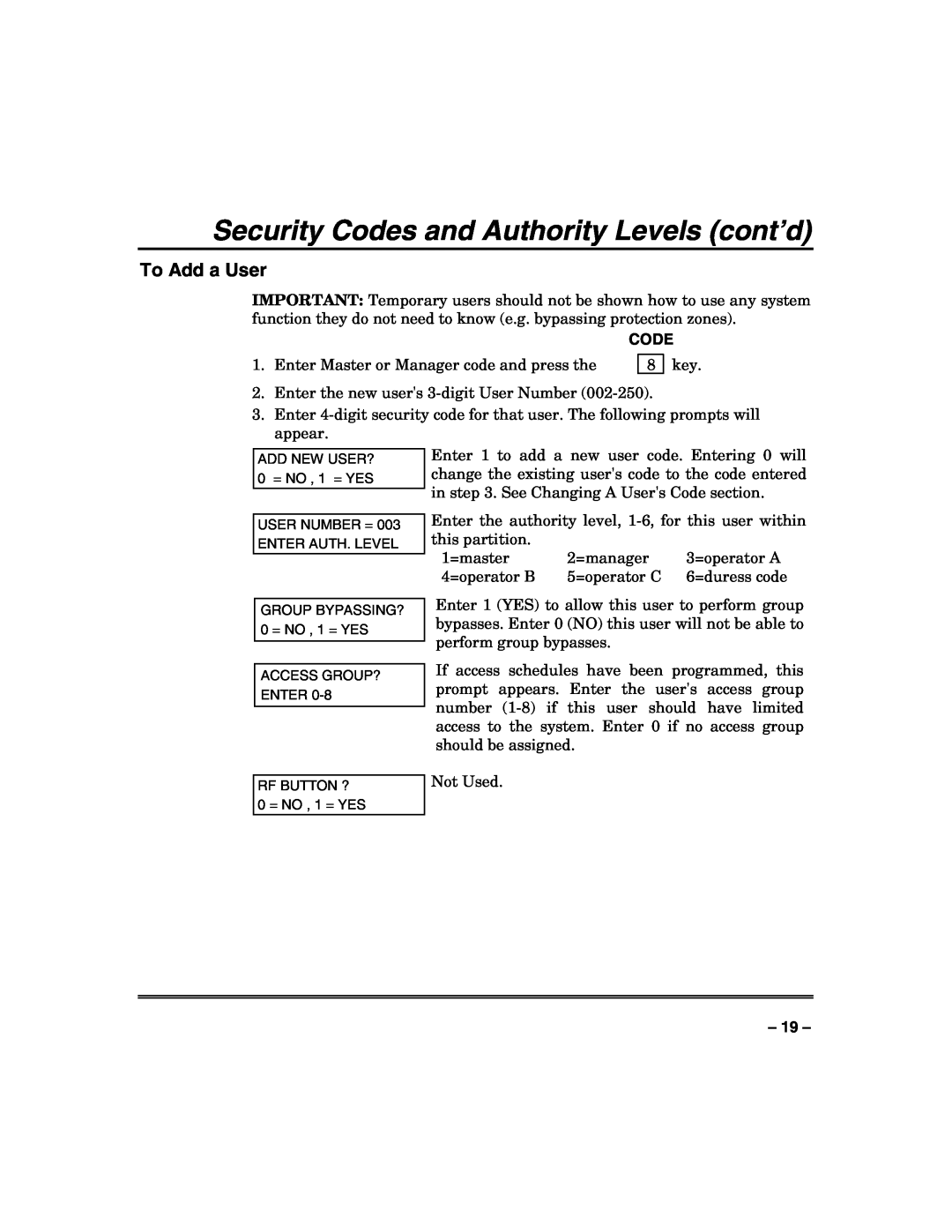Honeywell VISTA-128FBP, VISTA-250FBP manual To Add a User, Security Codes and Authority Levels cont’d 