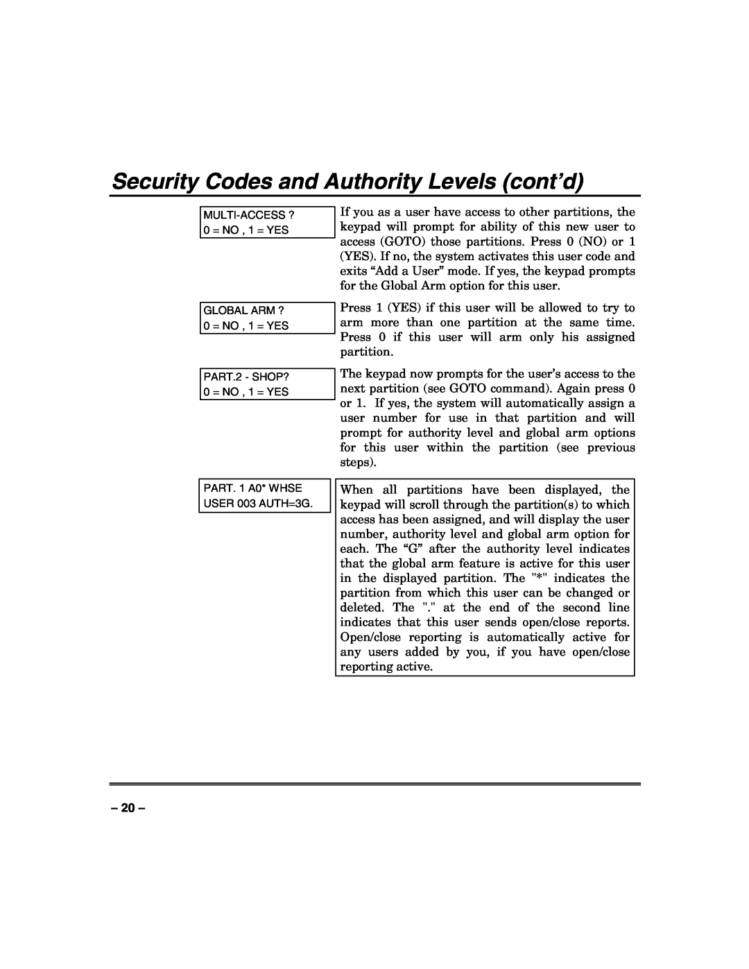 Honeywell VISTA-250FBP, VISTA-128FBP manual Security Codes and Authority Levels cont’d, MULTI-ACCESS? 0 = NO , 1 = YES 