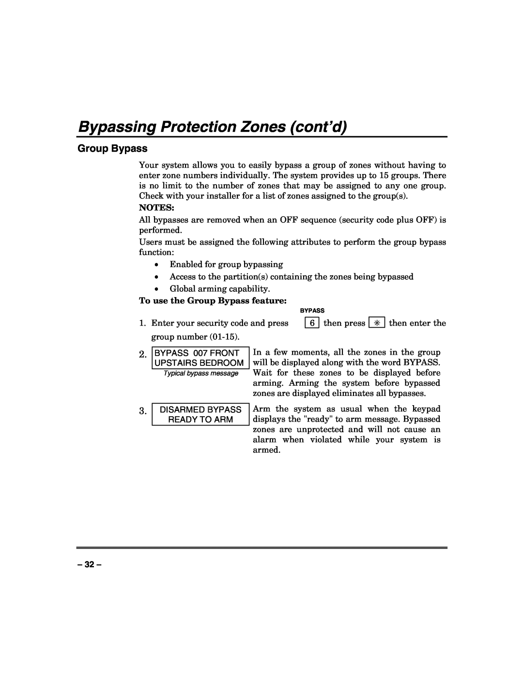 Honeywell VISTA-250FBP, VISTA-128FBP manual Bypassing Protection Zones cont’d, To use the Group Bypass feature 