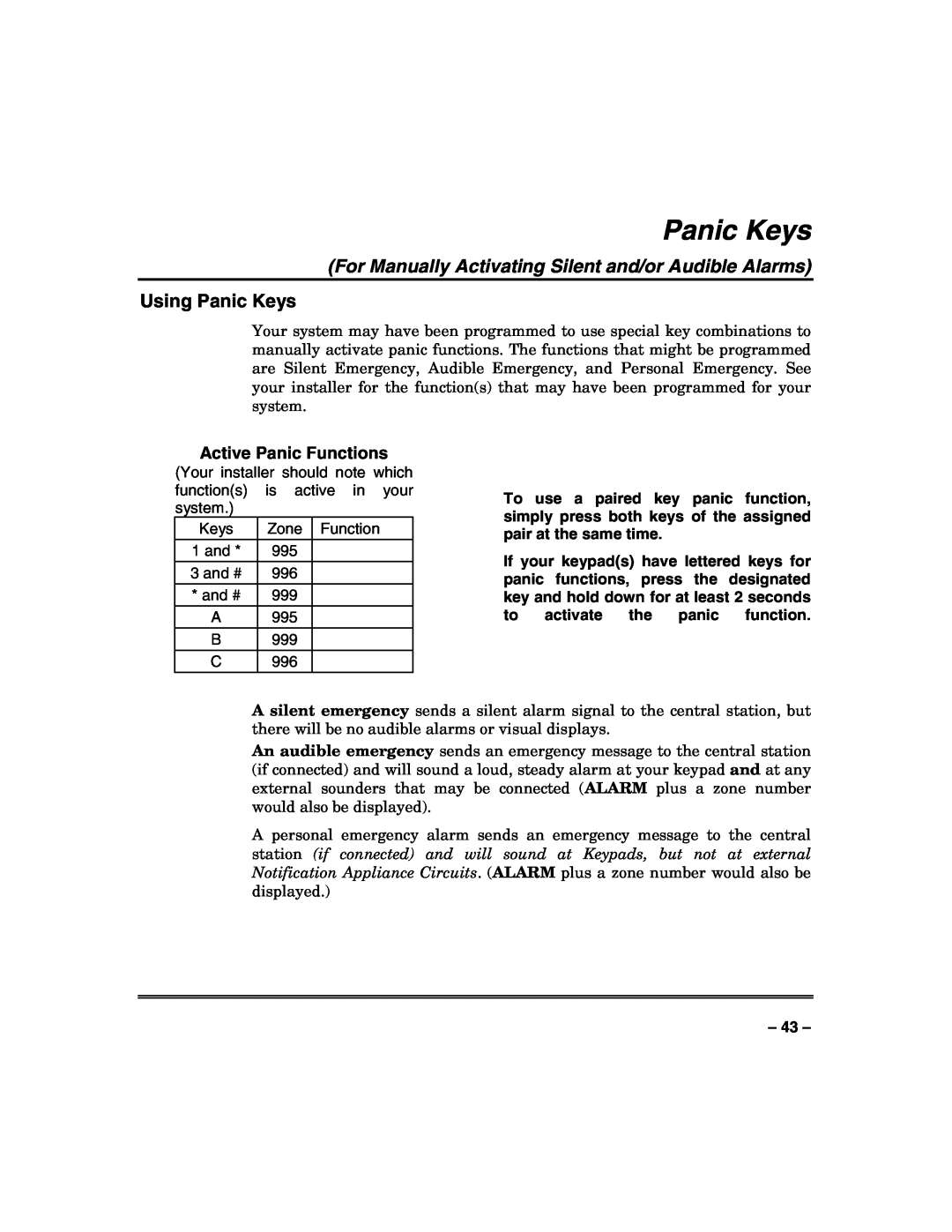 Honeywell VISTA-128FBP, VISTA-250FBP manual Using Panic Keys, Active Panic Functions 