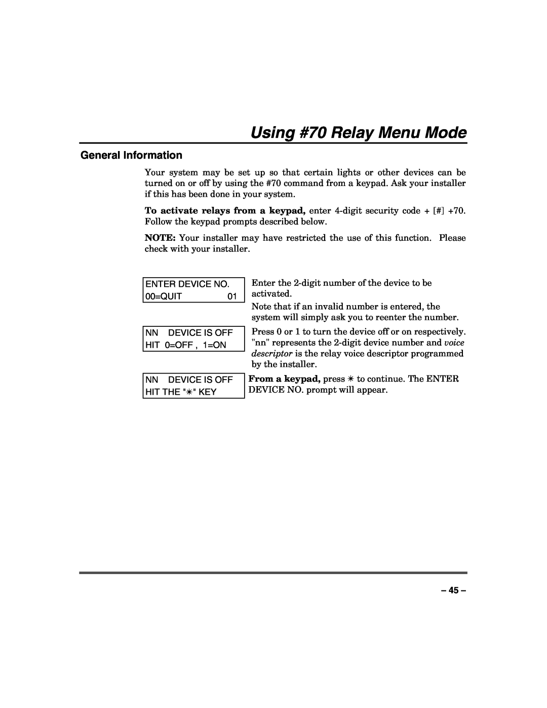 Honeywell VISTA-128FBP, VISTA-250FBP manual Using #70 Relay Menu Mode, General Information 