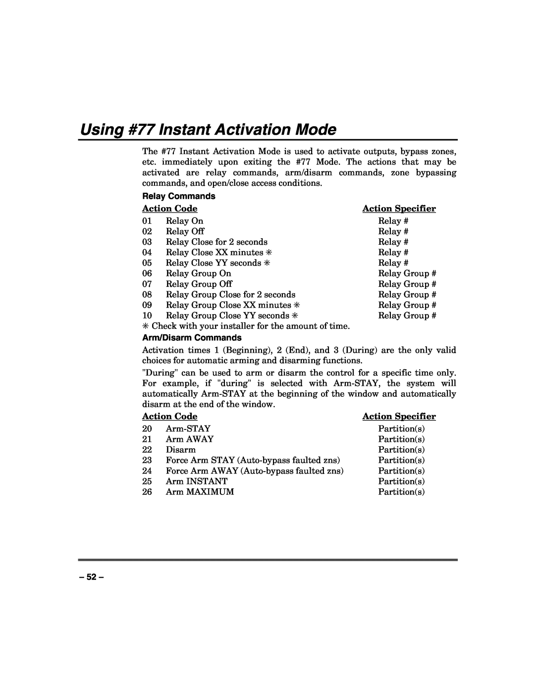Honeywell VISTA-250FBP, VISTA-128FBP manual Using #77 Instant Activation Mode, Action Code, Action Specifier 