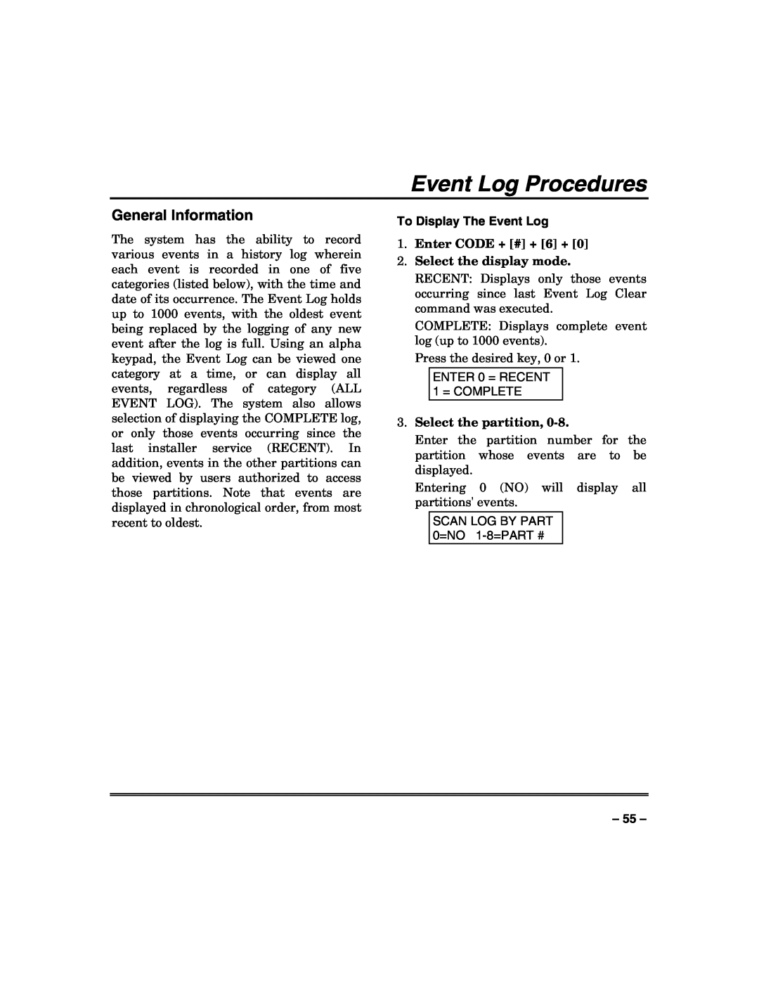 Honeywell VISTA-128FBP manual Event Log Procedures, General Information, To Display The Event Log, Select the partition 