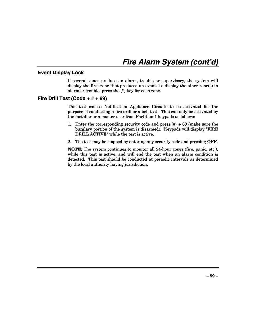 Honeywell VISTA-128FBP, VISTA-250FBP manual Fire Alarm System cont’d, Event Display Lock, Fire Drill Test Code + # + 