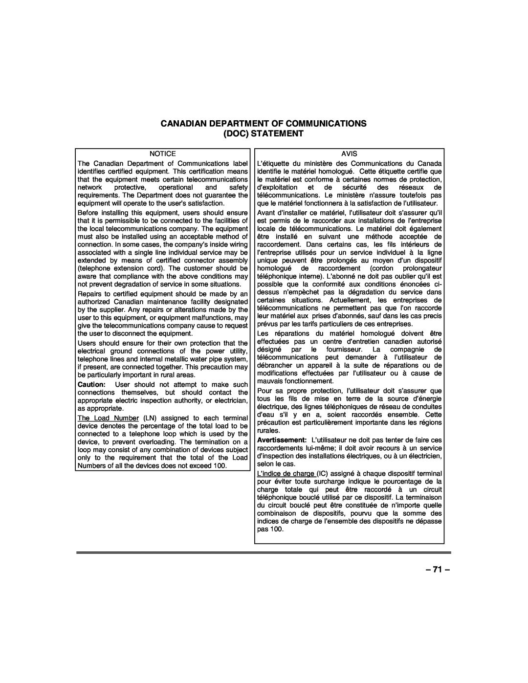 Honeywell VISTA-128FBP, VISTA-250FBP manual Canadian Department Of Communications, Doc Statement 