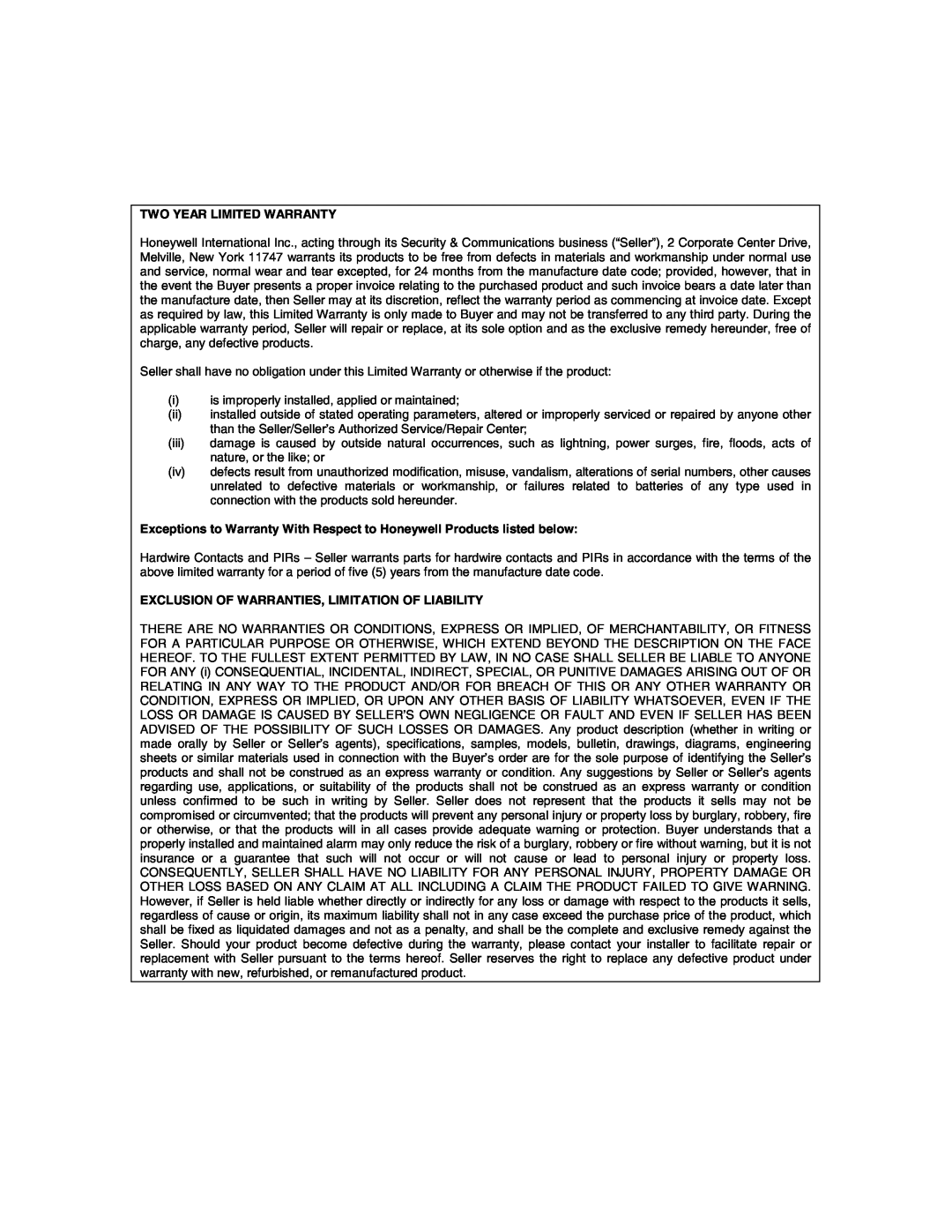 Honeywell VISTA-128FBP, VISTA-250FBP manual Two Year Limited Warranty, Exclusion Of Warranties, Limitation Of Liability 