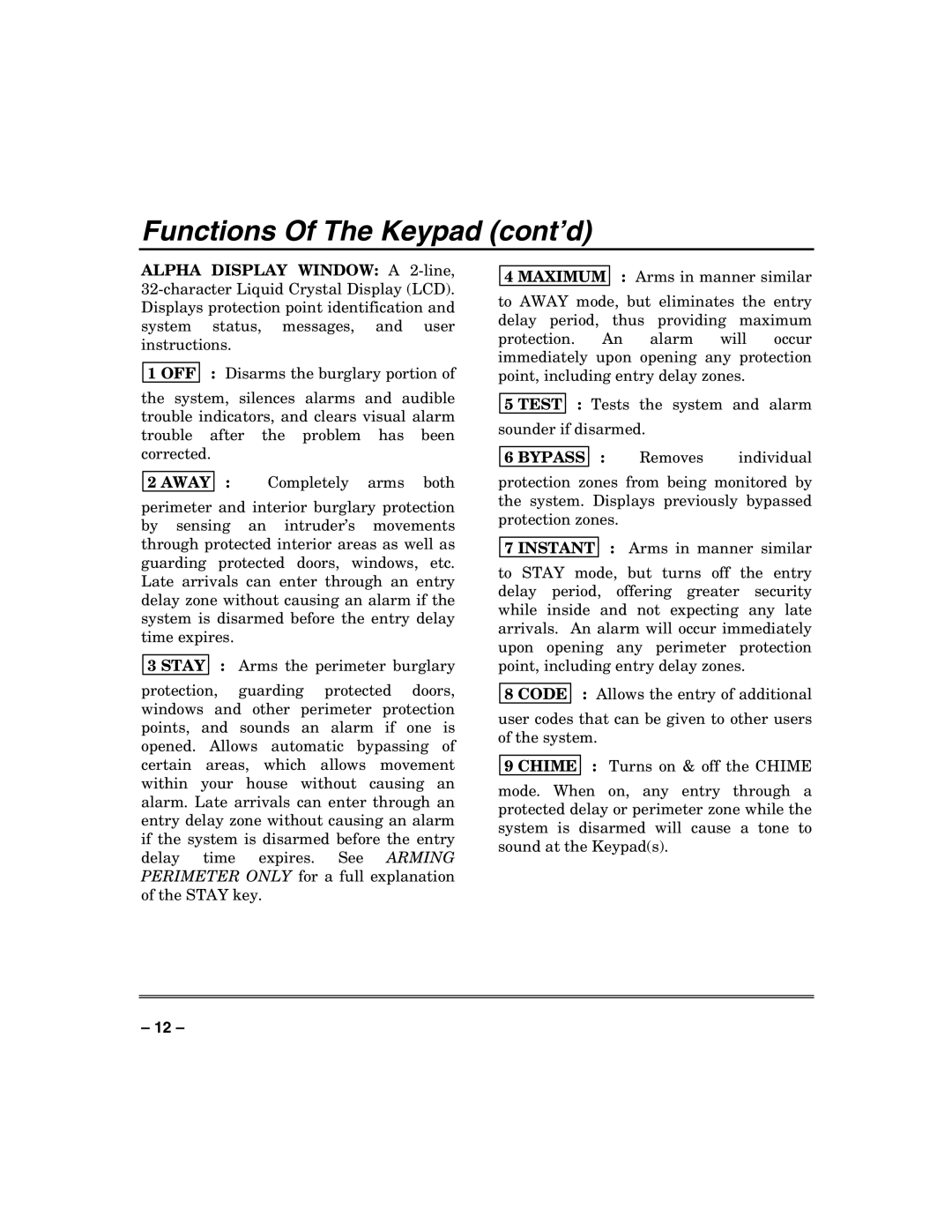 Honeywell VISTA-32FB, VISTA-128FB manual Functions Of The Keypad cont’d, Removes Individual 