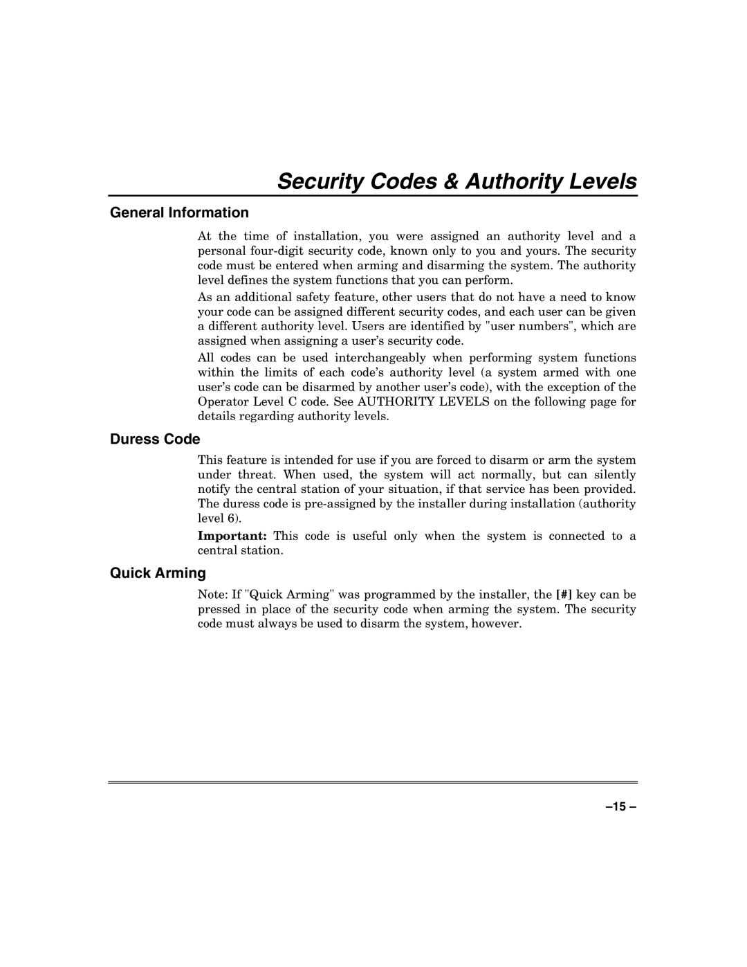 Honeywell VISTA-128FB, VISTA-32FB manual Security Codes & Authority Levels, Duress Code, Quick Arming 