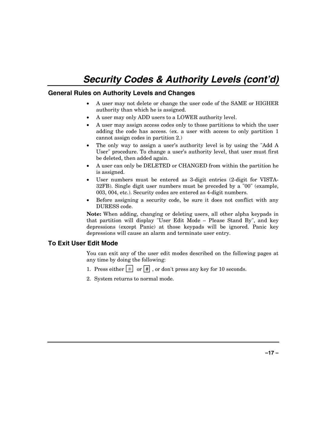 Honeywell VISTA-128FB, VISTA-32FB manual General Rules on Authority Levels and Changes, To Exit User Edit Mode 