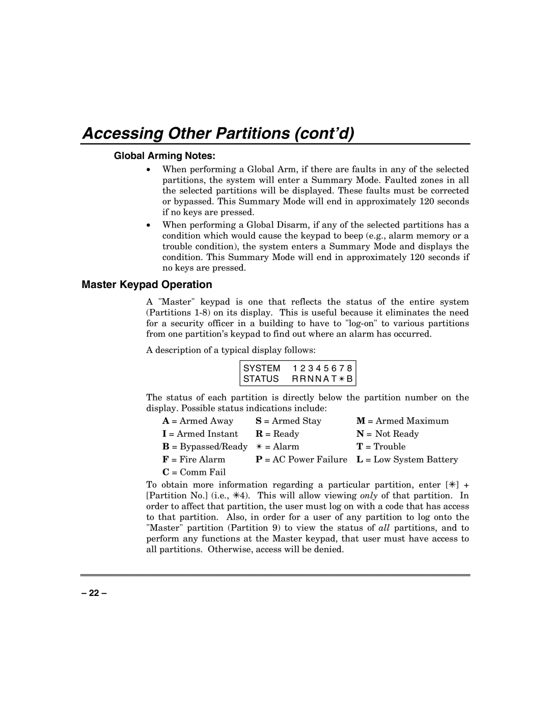 Honeywell VISTA-32FB, VISTA-128FB manual Accessing Other Partitions cont’d, System, Status 