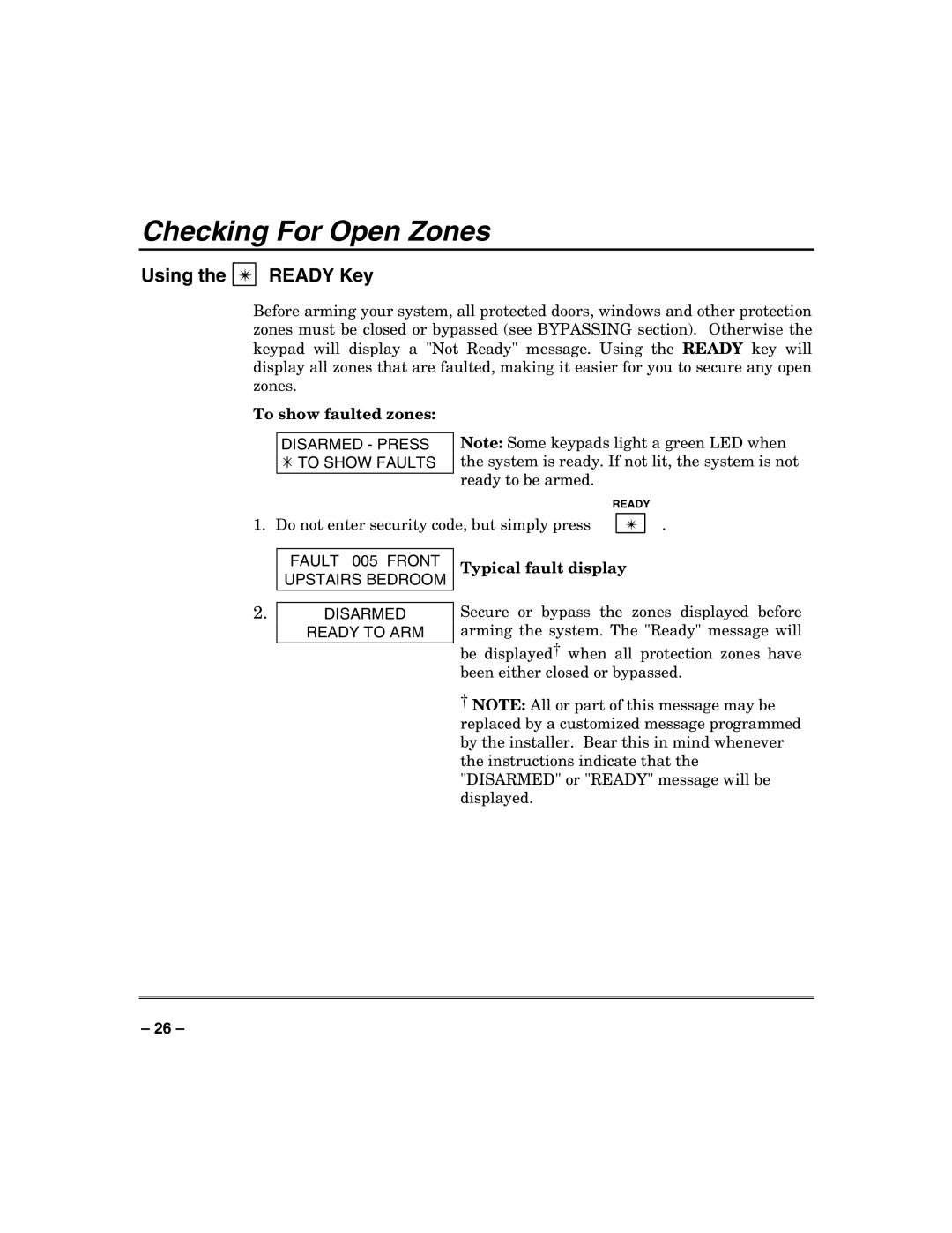 Honeywell VISTA-32FB, VISTA-128FB Checking For Open Zones, Using Ready Key, To show faulted zones, Typical fault display 