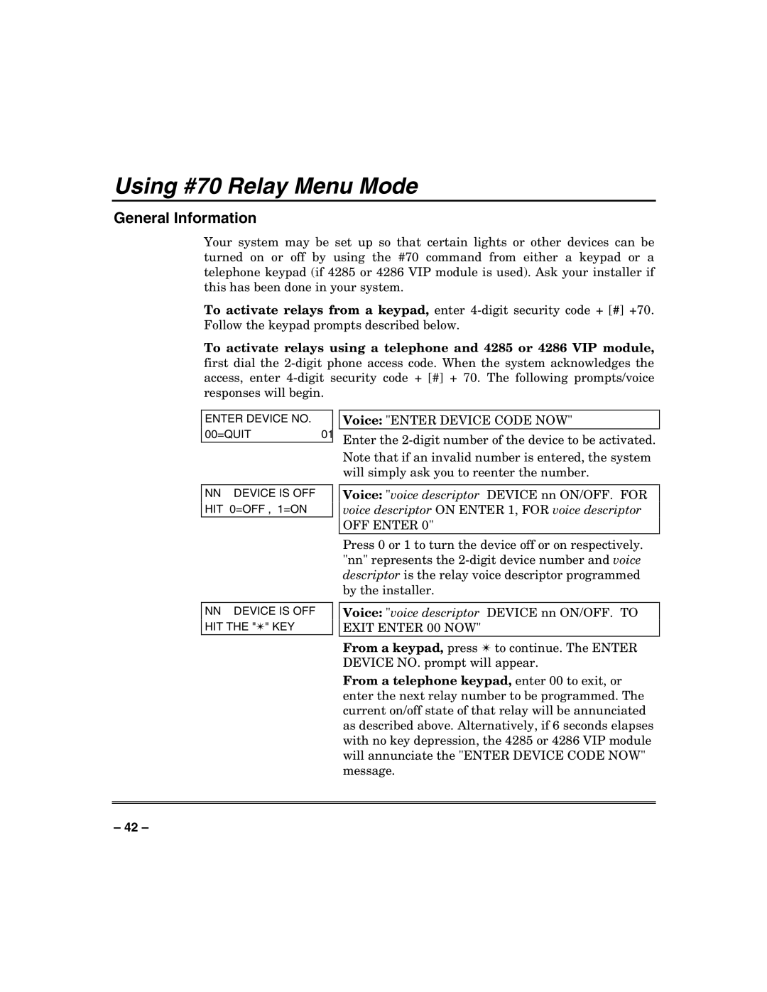 Honeywell VISTA-32FB, VISTA-128FB manual Using #70 Relay Menu Mode 