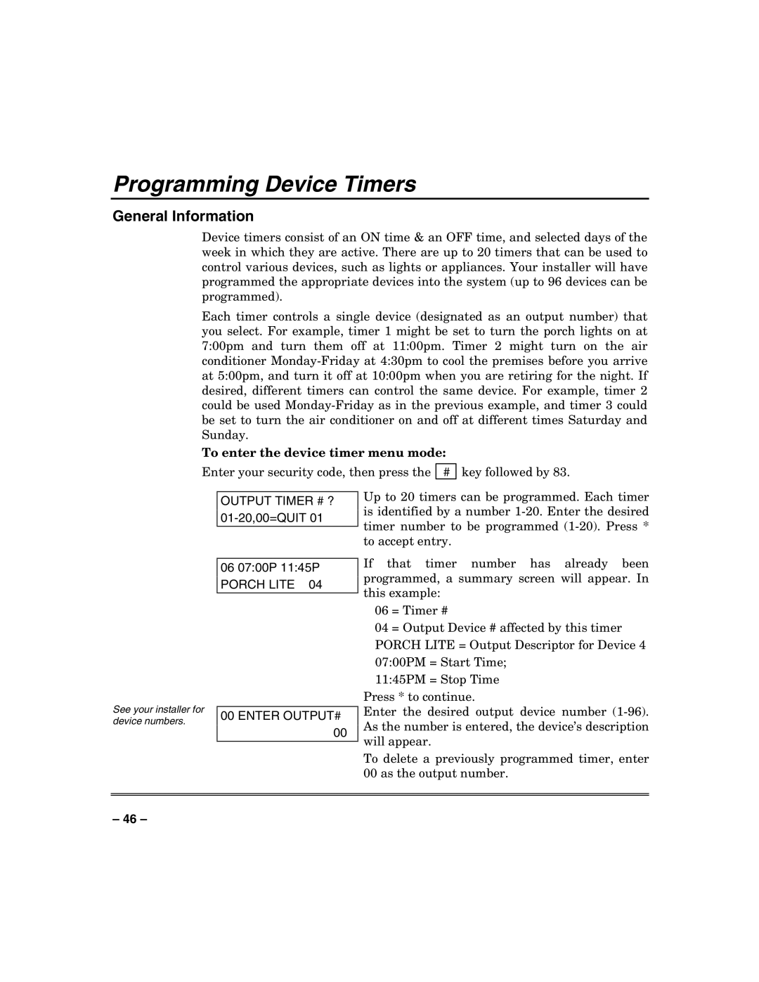 Honeywell VISTA-32FB, VISTA-128FB Programming Device Timers, To enter the device timer menu mode, Porch Lite Enter OUTPUT# 