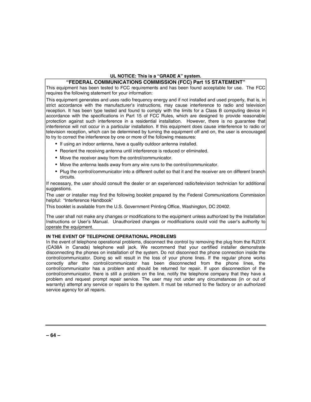 Honeywell VISTA-32FB, VISTA-128FB manual Federal Communications Commission FCC Part 15 Statement 