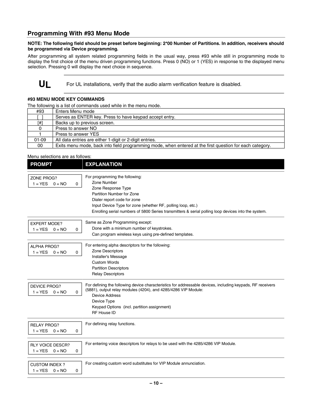 Honeywell VISTA-40, 2-Partitioned Security System manual Programming With #93 Menu Mode 