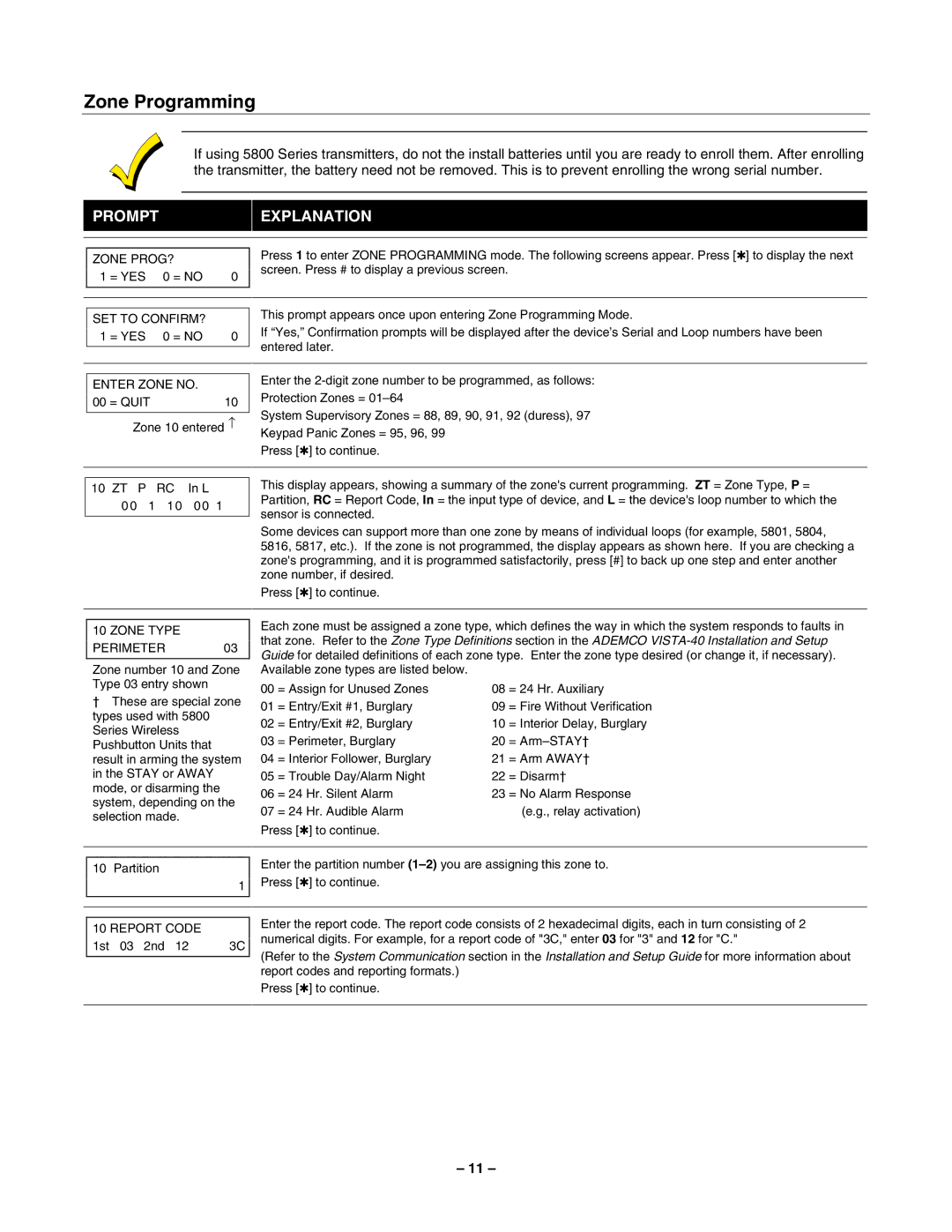 Honeywell 2-Partitioned Security System manual Zone Programming, SET to CONFIRM? = YES, Enter Zone no = Quit, Report Code 