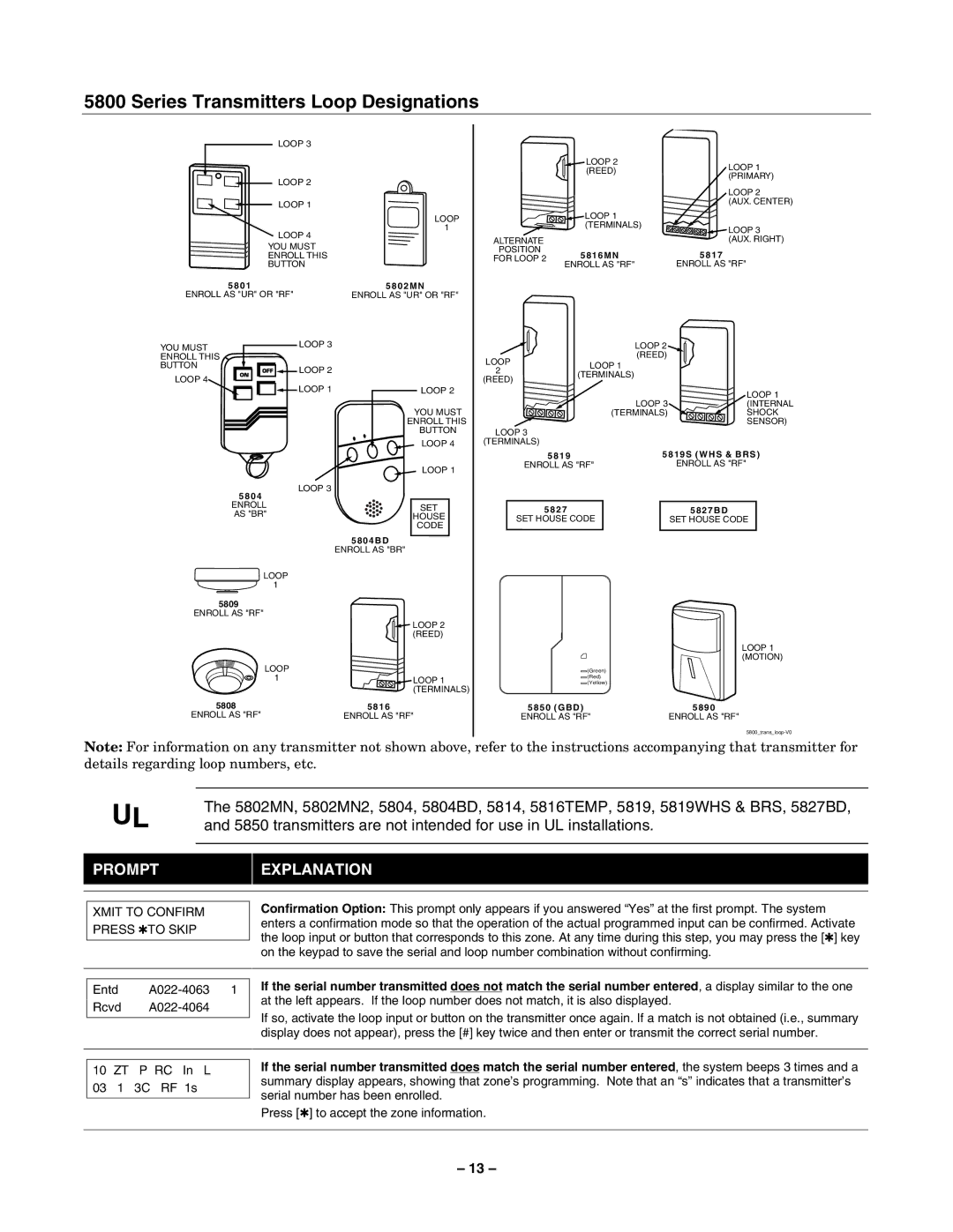 Honeywell 2-Partitioned Security System, VISTA-40 Series Transmitters Loop Designations, Xmit to Confirm Press to Skip 