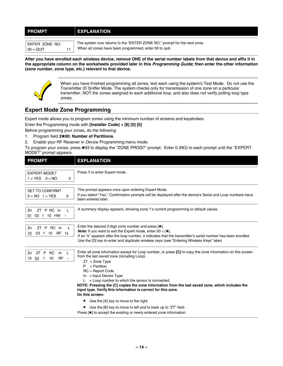 Honeywell VISTA-40 Expert Mode Zone Programming, Program field 200 Number of Partitions, Enter Zone no, SET to CONFIRM? 