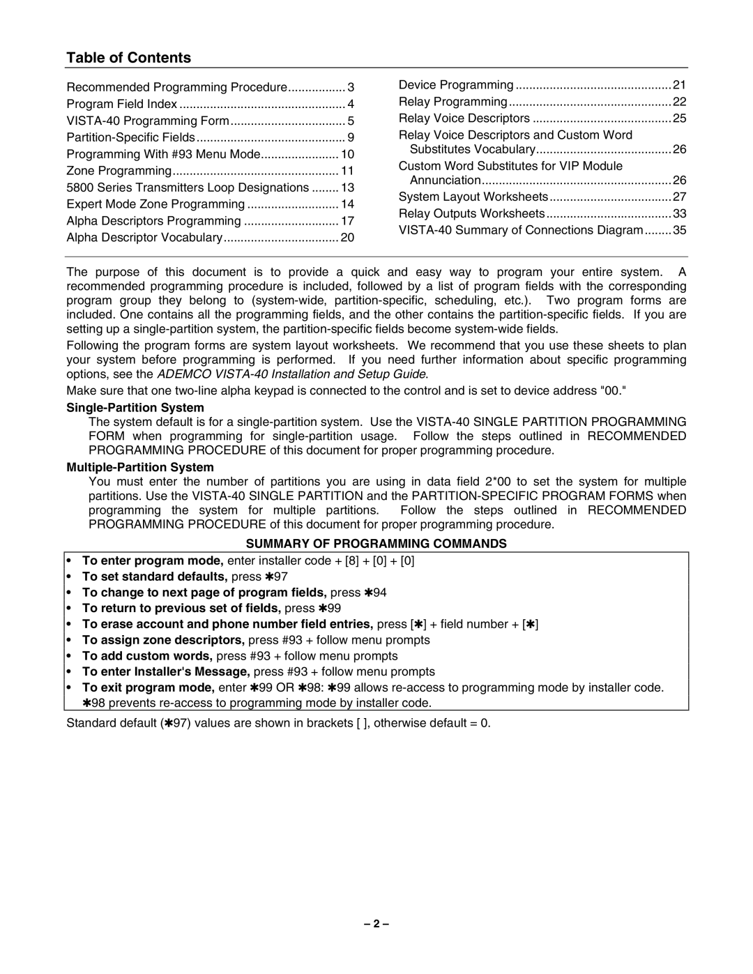 Honeywell VISTA-40, 2-Partitioned Security System manual Table of Contents 