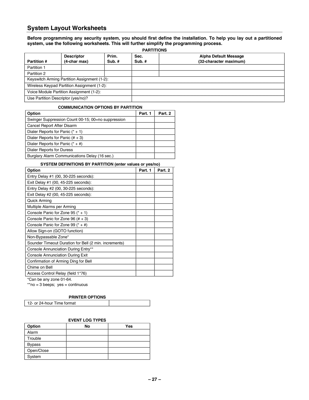 Honeywell 2-Partitioned Security System, VISTA-40 System Layout Worksheets, Descriptor Prim Partition # Char max Sub. # 