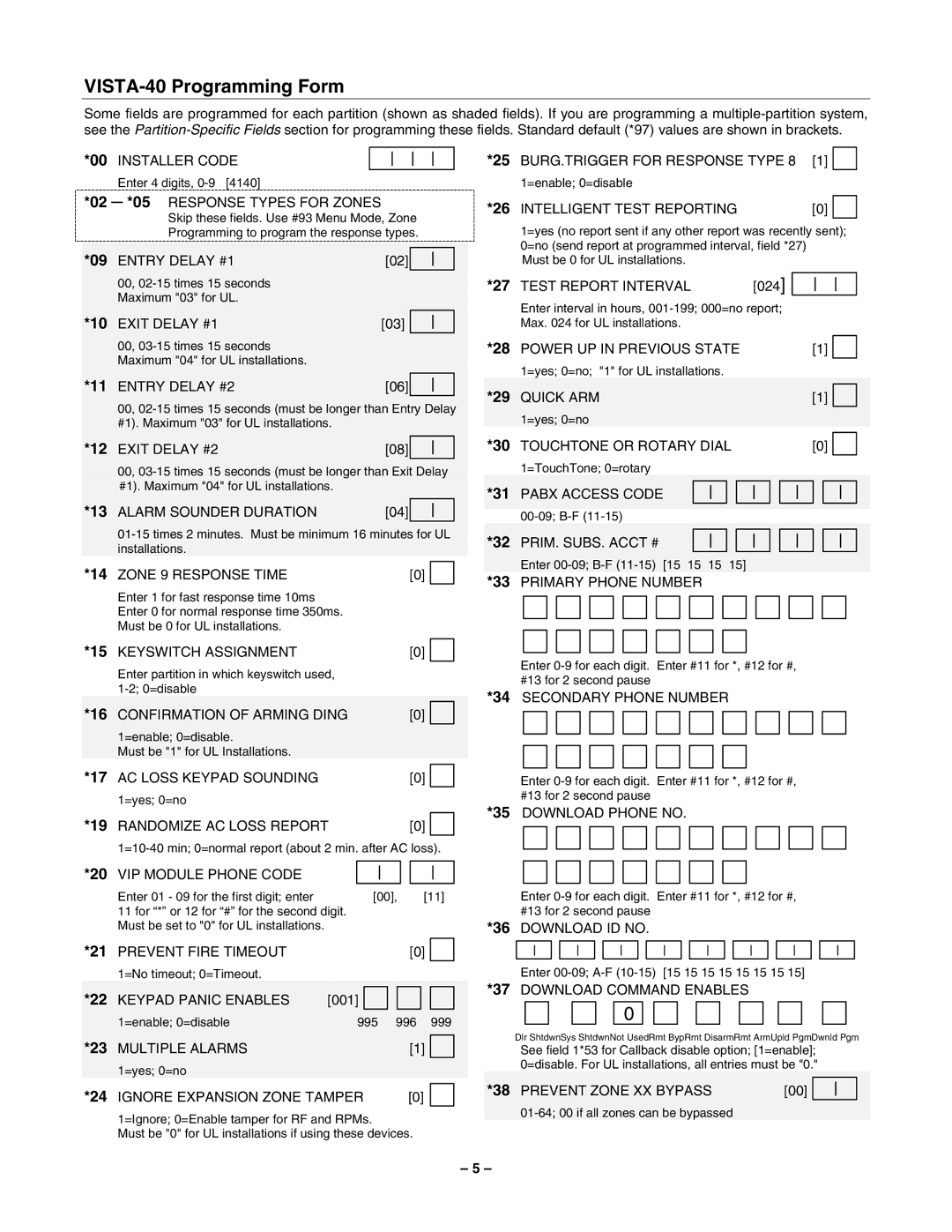 Honeywell 2-Partitioned Security System manual VISTA-40 Programming Form 