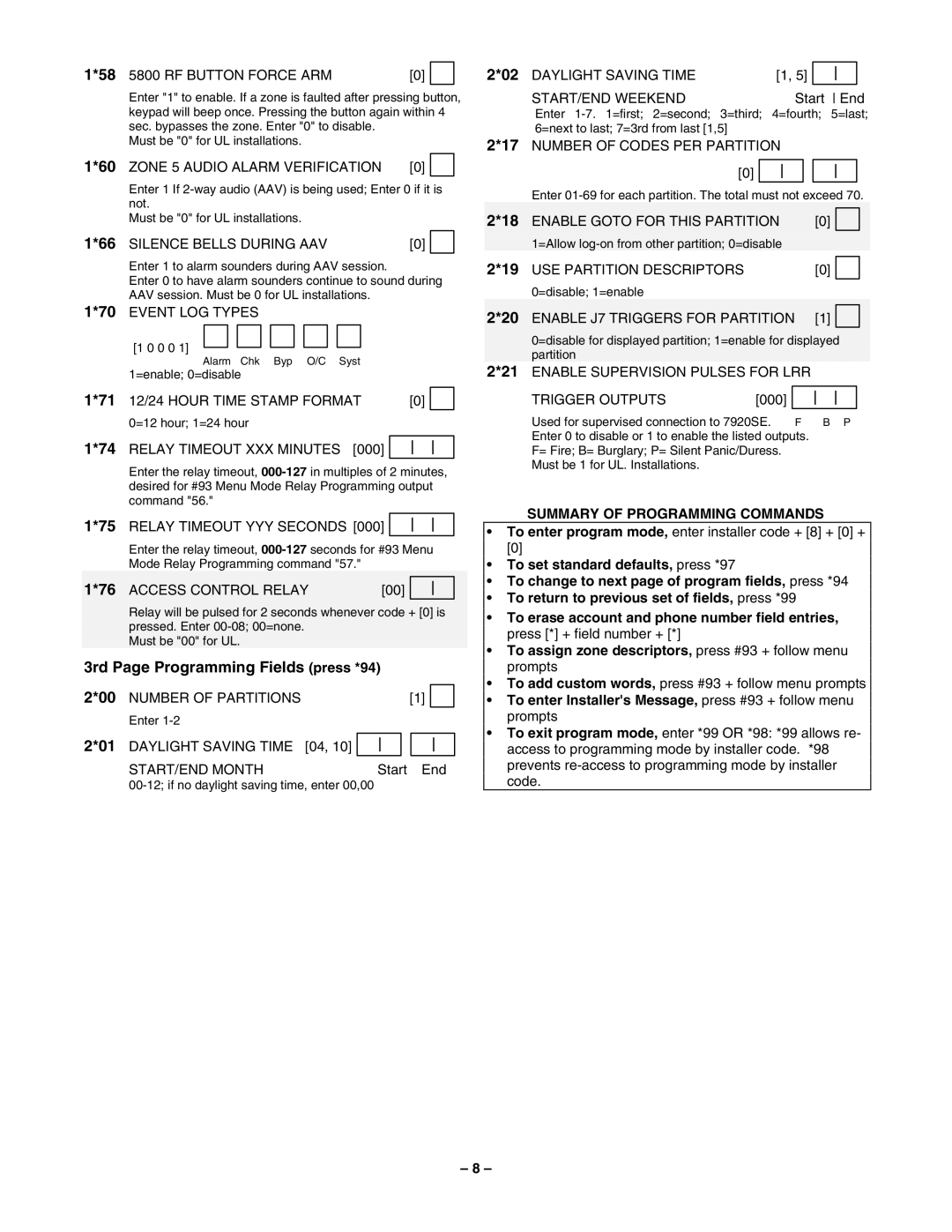 Honeywell VISTA-40, 2-Partitioned Security System manual 3rd Page Programming Fields press *94 