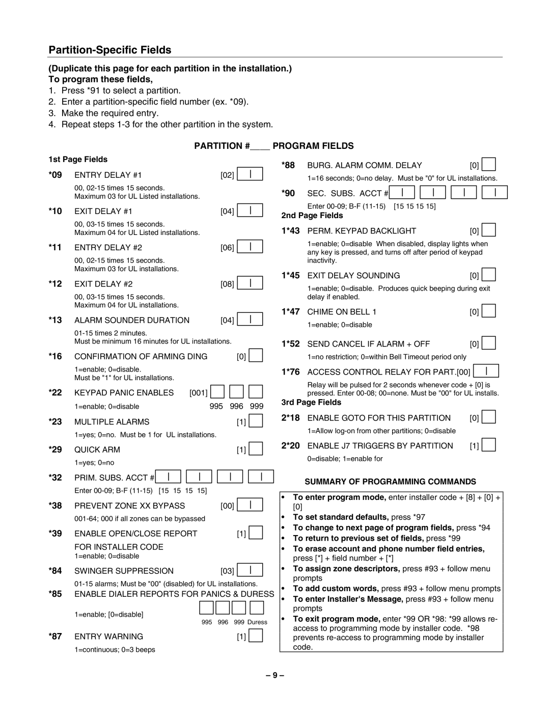 Honeywell 2-Partitioned Security System, VISTA-40 Partition-Specific Fields, Partition # Program Fields, 1st Page Fields 