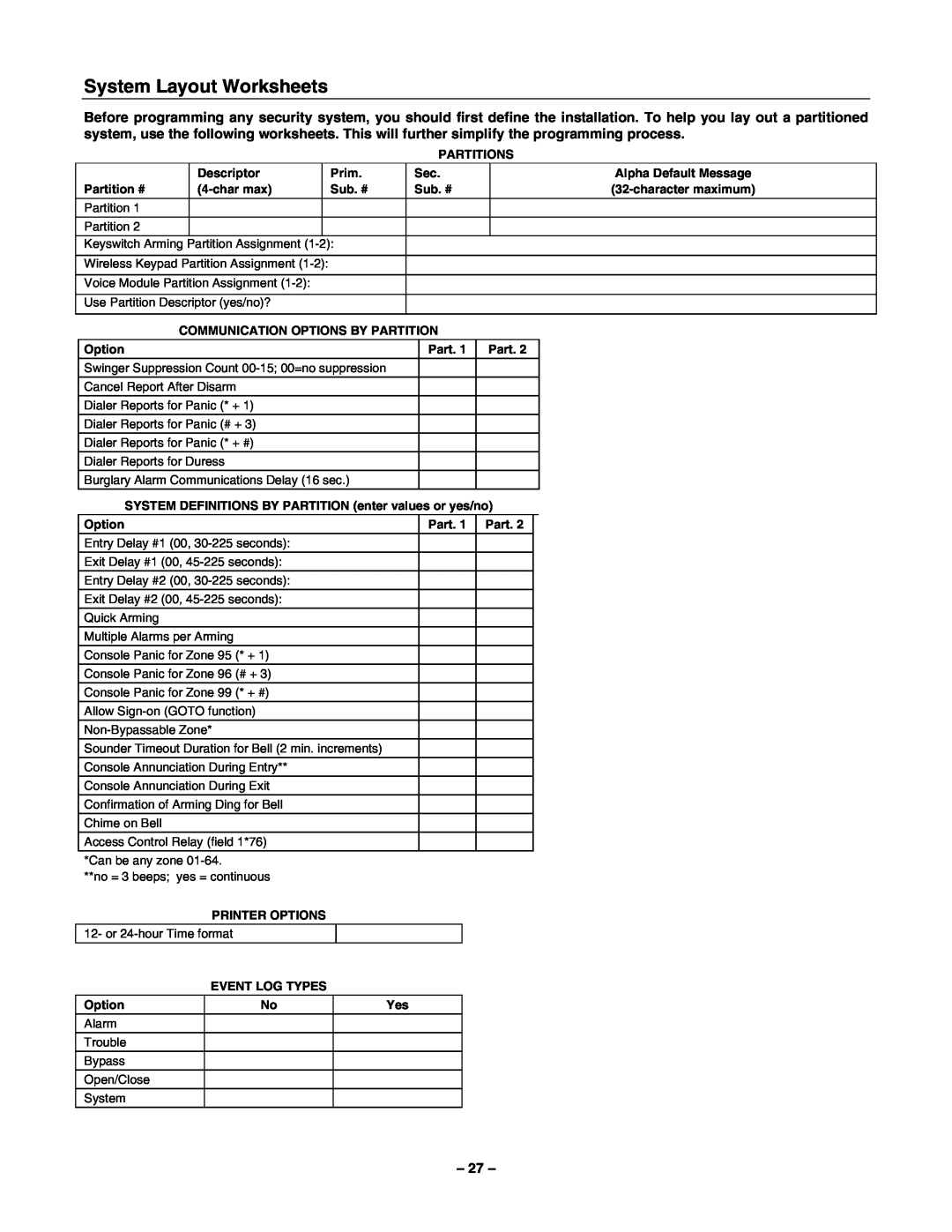 Honeywell 2-Partitioned Security System, VISTA-40 manual System Layout Worksheets 