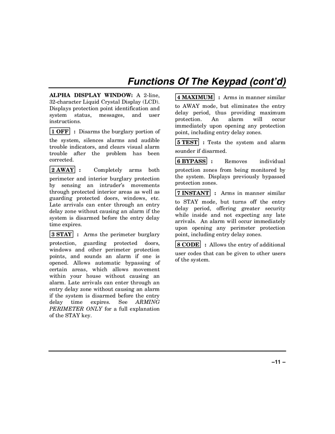 Honeywell VISTA-50PUL manual Functions Of The Keypad cont’d, Removes Individual 