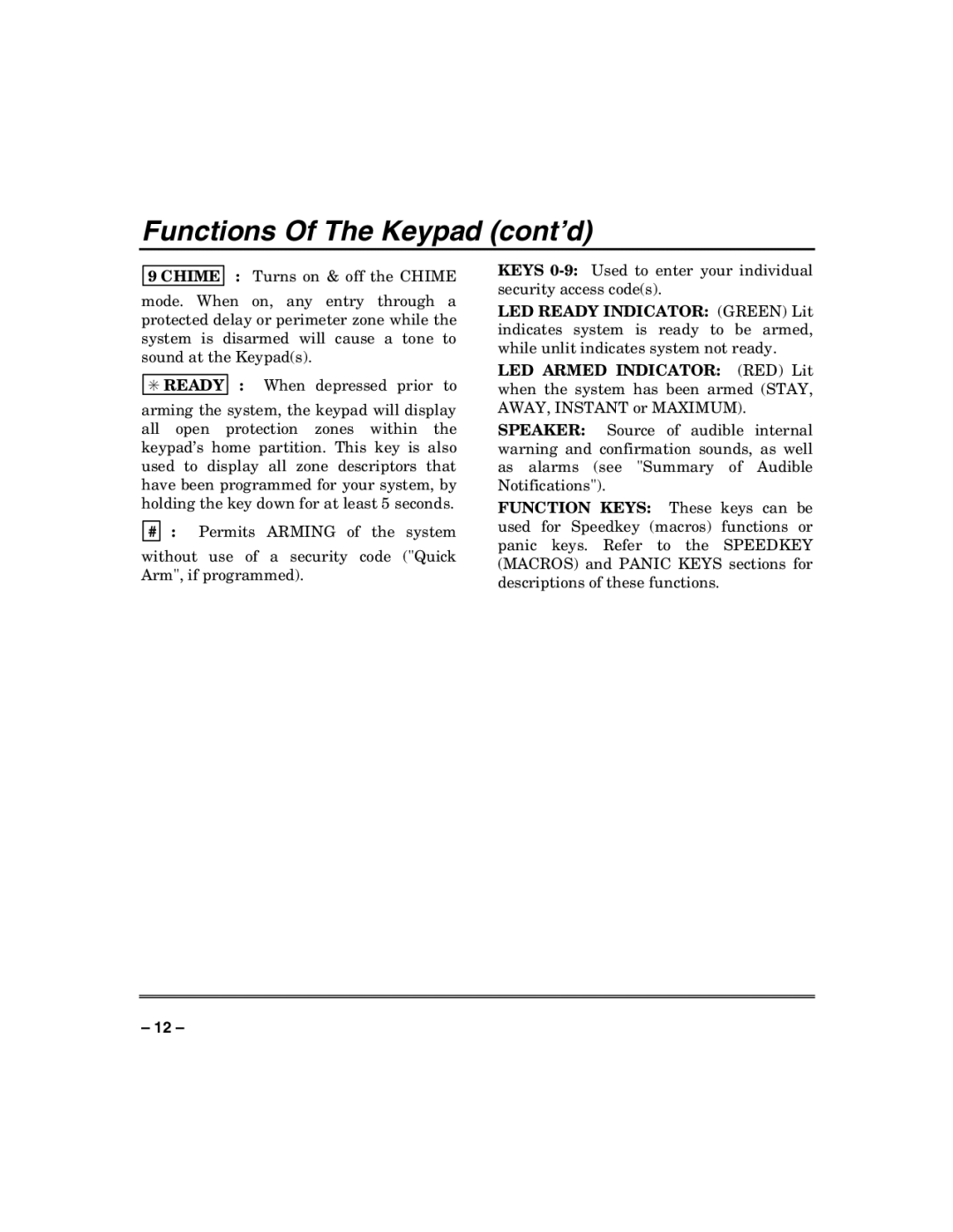 Honeywell VISTA-50PUL manual Functions Of The Keypad cont’d 