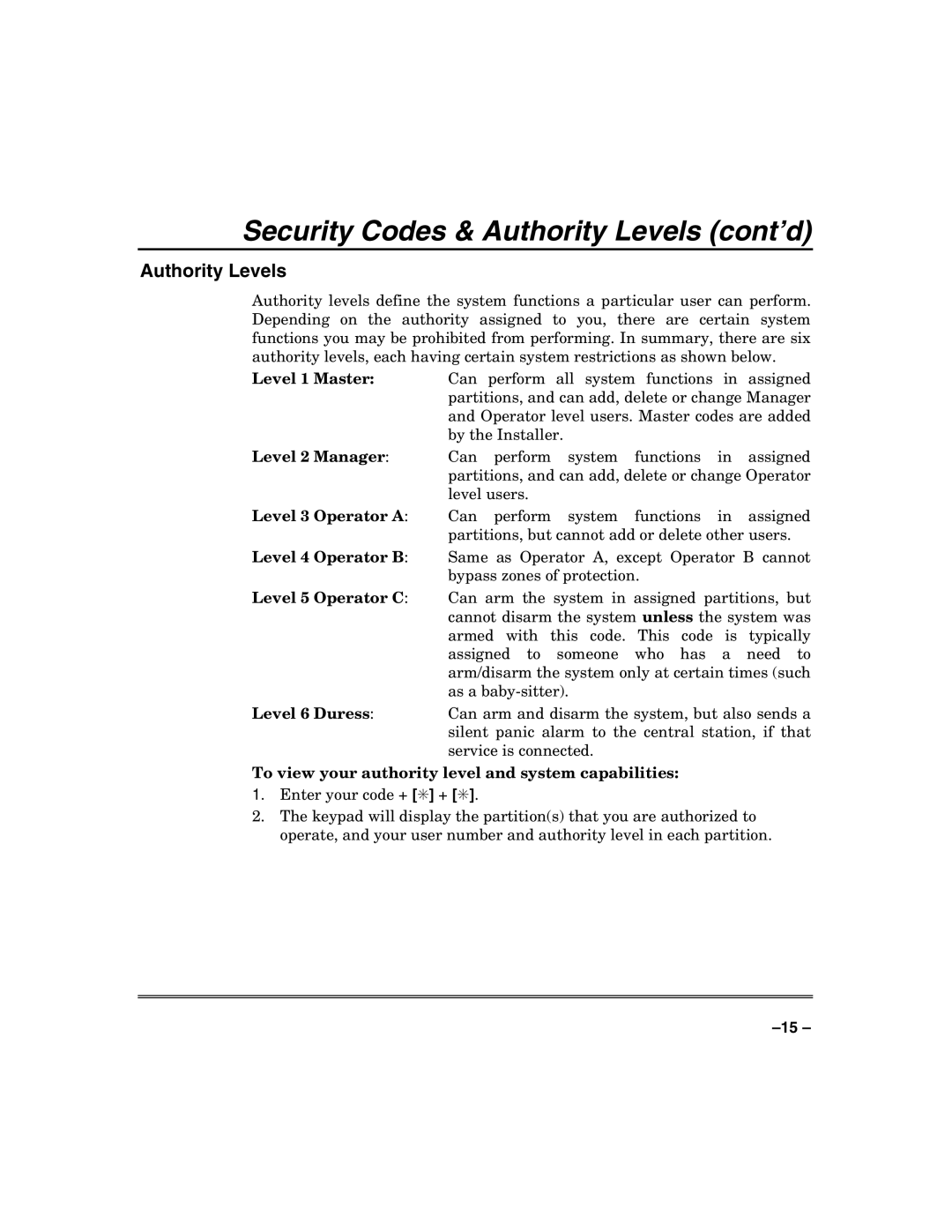 Honeywell VISTA-50PUL manual Security Codes & Authority Levels cont’d 